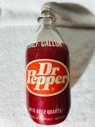 Dr Pepper Foam Label Bottle Glass Half Gallon Vintage Soda Two Quarts