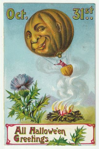 Witch In Red In Pumpkin Air Balloon W/ Face Over Camp Fire Halloween Postcard