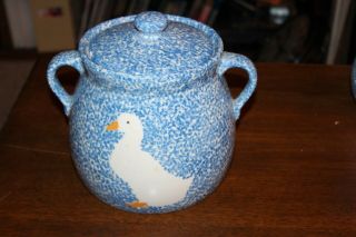 Gustin Blue & White Stipple Spongeware Duck 1970’s/1980’s Cookie Jar Canister