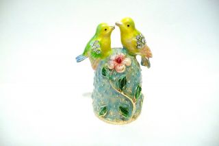 Thimble Brass & Handpainted Enamel Lovebirds W/pink Flowers & Crystals