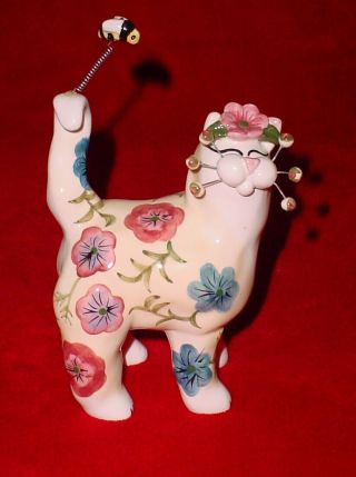 Whimsi Clay By Amy Lacombe Cat White With Pink And Blue Flowers 24808