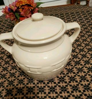 Longaberger Usa Pottery Bean Pot Cookie Jar Woven Traditions Ivory 8 " With Lid