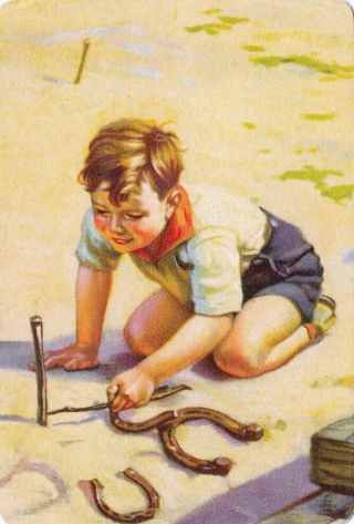 1 Playing Swap Card Us B/back Lithograph Boy Playong Horse Shoe Game C1950s
