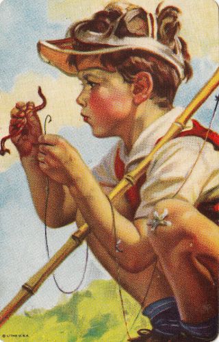 1 Playing Swap Card Us B/back Lithograph Boy Fishing Worm On Hook C1950s A