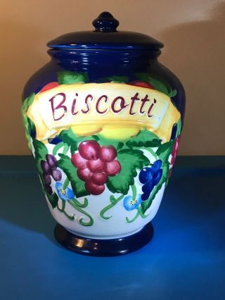 Hand Painted For Nonnis Blue Biscotti Cookie Jar With Grapes &rubber Seal Lid 8 "