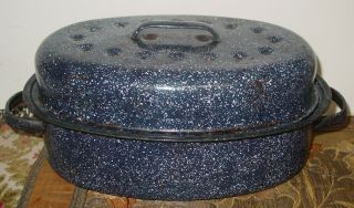 Vintage Blue & White Speckled Enameled 12 " X 7 " X 3 " Sm Lidded Oven Roasting Pan