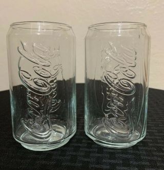 Coca Cola Clear Glass Shaped Like A Can - Raised Embossed Lettering Set Of - (2)