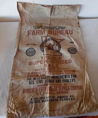 Vintage Minnesota Farm Bureau Treble Iodized Salt 50 Lb Burlap Bag