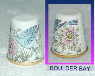 White Enamel Thimble With Blue Bird And Pink Flowers