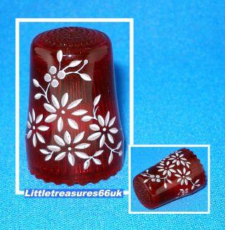 Ullmann German Crystal Ruby With White Daisies Thimble.