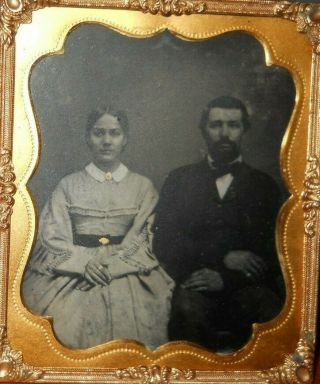 Tintype Image Of Young Couple 1/6 Size In Brass Frame,  No Case
