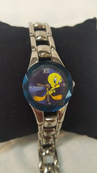 Vintage Tweety Bird Warner Brothers Silver Plated Vintage Blue Diamond Watch