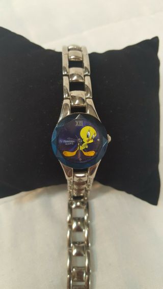 Vintage Tweety Bird Warner Brothers silver plated vintage Blue Diamond watch 2