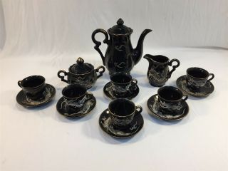 Vintage Black Japanese Tea Set Dragons Tea Pot Cream Sugar 6 Cups Saucers Japan