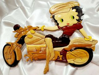 Betty Boop " Biker Betty " Fun Carved Wood Lacquered Wall Plaque,  Bar Garage Decor