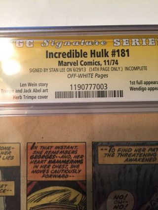 INCREDIBLE HULK 181 SIGNED BY STAN LEE 14TH PAGE 1st FULL APP.  WOLVERINE 3