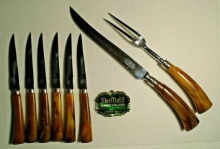 Sheffield Stainless Carving Set W/ 6 Steak Knives Bakelite Faux Antler Handles