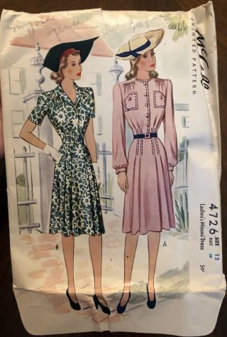 Mccall Printed Pattern 4726 1942 1940s Dress Vintage Sewing Size 12 40s Wwii Era