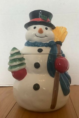 Snowman With Broom Cookie Jar Hand Painted 11 - 1/2 Inches Tall