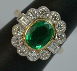 Art Deco Vintage 14k Yellow Gold Plated 1.  50 Ct Emerald & Diamond Cluster Ring