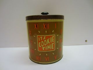 Vtg Mid Century Its Cookie Time Roman Clock Face Brown Tin Container Jar