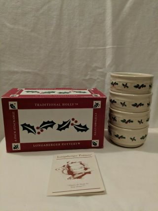 Longaberger Retired Pottery Traditional Holly Stackable Custard Cups Set 4