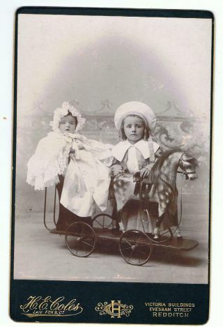 Cabinet Card - Children On Wheeled Toy Horse & Cart By H.  E Coles Redditch