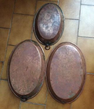 3 Vintage French Tin Pie Oval Copper Pan Cuivre Roast Gratian Baking Cooking