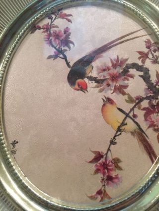 Pair Vintage Japanese Silk Painting Pheasants Bird Flowering Branch Framed