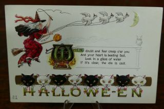 Vintage 1910s Halloween Postcard Nash H17 Witch Broom Black & White Cats Jol