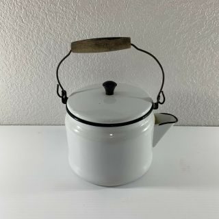 White Black Enamelware Coffee Pot Kettle 8 Cup Vintage Handle Camping Stove Top