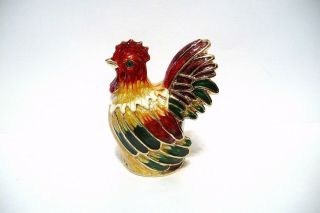 Thimble Brass & Handpainted Enamel Rooster W/glittery Feathetrs & Green Crystal