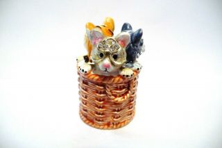 Thimble Brass & Handpainted Enamel 3 Adorable Kittens In A Basket W/crytals