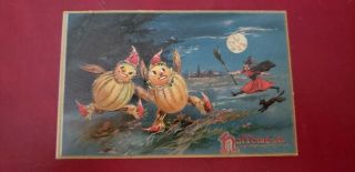 Vintage Halloween Postcard Tuck 150 Witch And Black Cat Chasin Two Melon Men