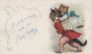 G.  H Thompson (unsign) Father Cat Gives His Daughter A Piggy - Back Ride