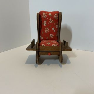Vintage Wooden Rocking Chair Sewing Pin Cushion,  Thread Caddy W/drawer Japan