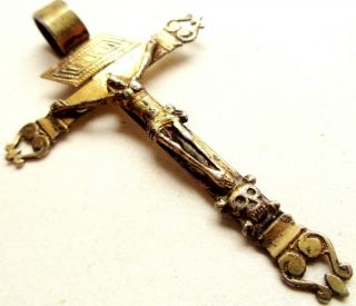 Extraordinary & Large Antique Silver & Gold Crucifix W/ Skull - Pendant - Rare