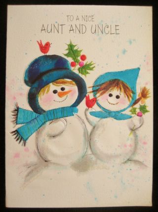 Vintage Christmas Greeting Card Glittered Snowman Boy & Girl A.  & U.  Hallmark
