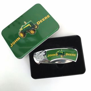 John Deere Folding Pocket Knife Collectors Tin Tractor Feathers Stainless Steel