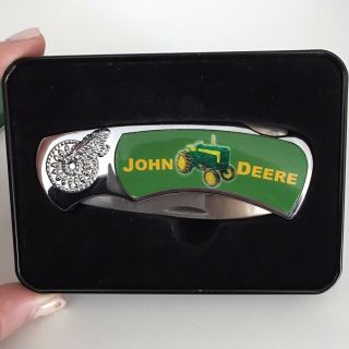John Deere Folding Pocket Knife Collectors Tin Tractor Feathers Stainless Steel 2