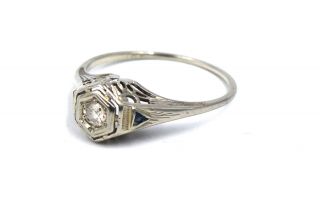 Antique Art Deco Filigree Diamond Sapphre Ring 14k White Gold Size 7.  25 C1920 