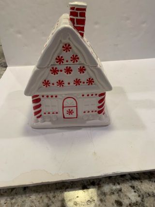 Williams - Sonoma Peppermint House Cookie Jar Gingerbread Canister Red White Xmas