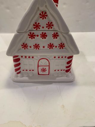 WILLIAMS - SONOMA Peppermint House Cookie Jar Gingerbread Canister Red White Xmas 2