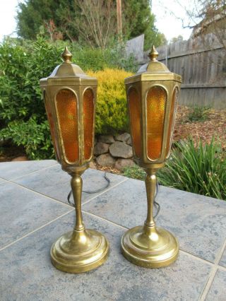 Vintage Brass & Amber Glass Desk Table Lamps Petite Size,
