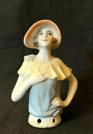 Vintage Ceramic Flapper Half Doll Germany Yellow Hat 4 "