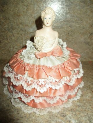 Vintage Lady In Pink Ballgown Dress Plastic Fabric Sewing Pincushion - 1950 