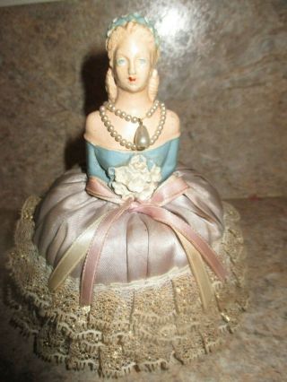Vintage Lady In Blue Ballgown Dress Plastic Fabric Sewing Pincushion - 1950 