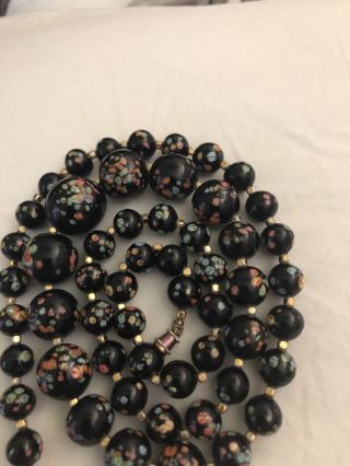 Vintage Venetian Art Glass Black Beads Graduated Necklace Pink Rose Murano Italy