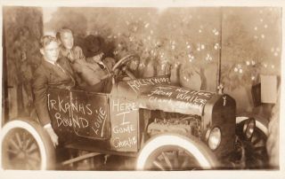 Vintage Arcade Rppc: 3 Handsome Men In Car,  Arkansas Bound,  Driver Asleep