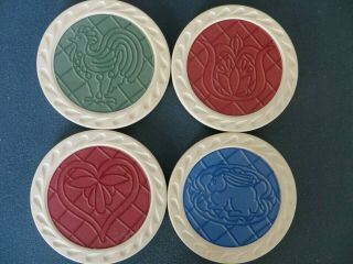 Longaberger Coasters Set Of 4 - Flower,  Heart,  Rooster,  Rabbit W/ Cork Backing